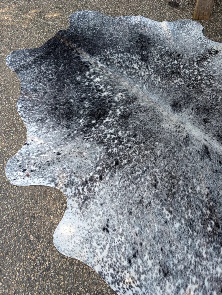 A large cowhide rug saltpeptricolour478 with unique black and white mottled pattern and rustic charm