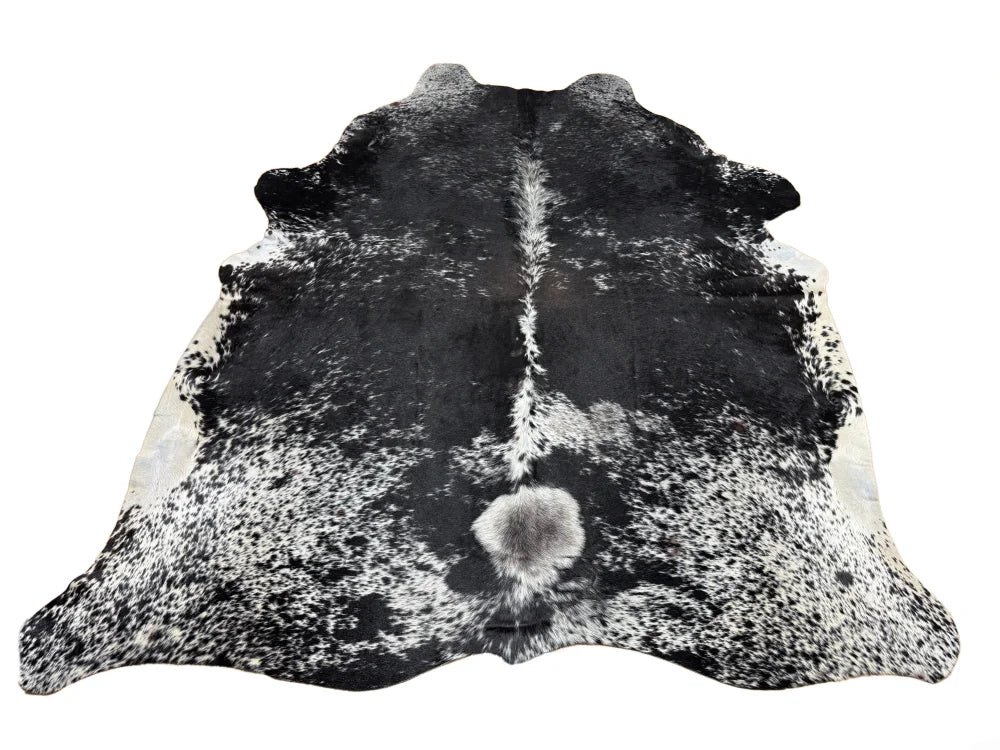 Extra large black and white cowhide rug saltpep tricolour 479 with natural fur texture and rustic charm arriving soon