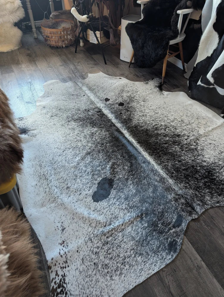 A large cowhide rug salty3 with a white base black speckles and irregular edge adds rustic charm to any room