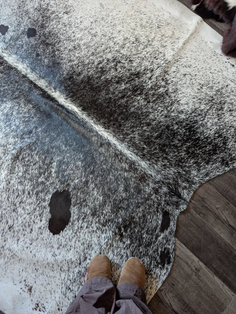 Salty#3 90 x 81 extra large black and white cowhide rug with rustic charm and natural irregular dark spots on lighter base