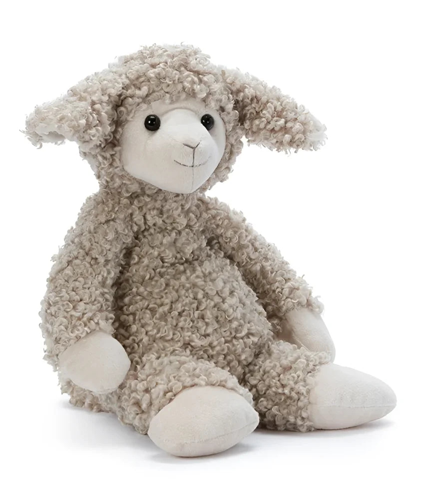 Sammy the Sheep is a soft beige stuffed lamb with curly fur white face and black button eyes perfect for cuddling