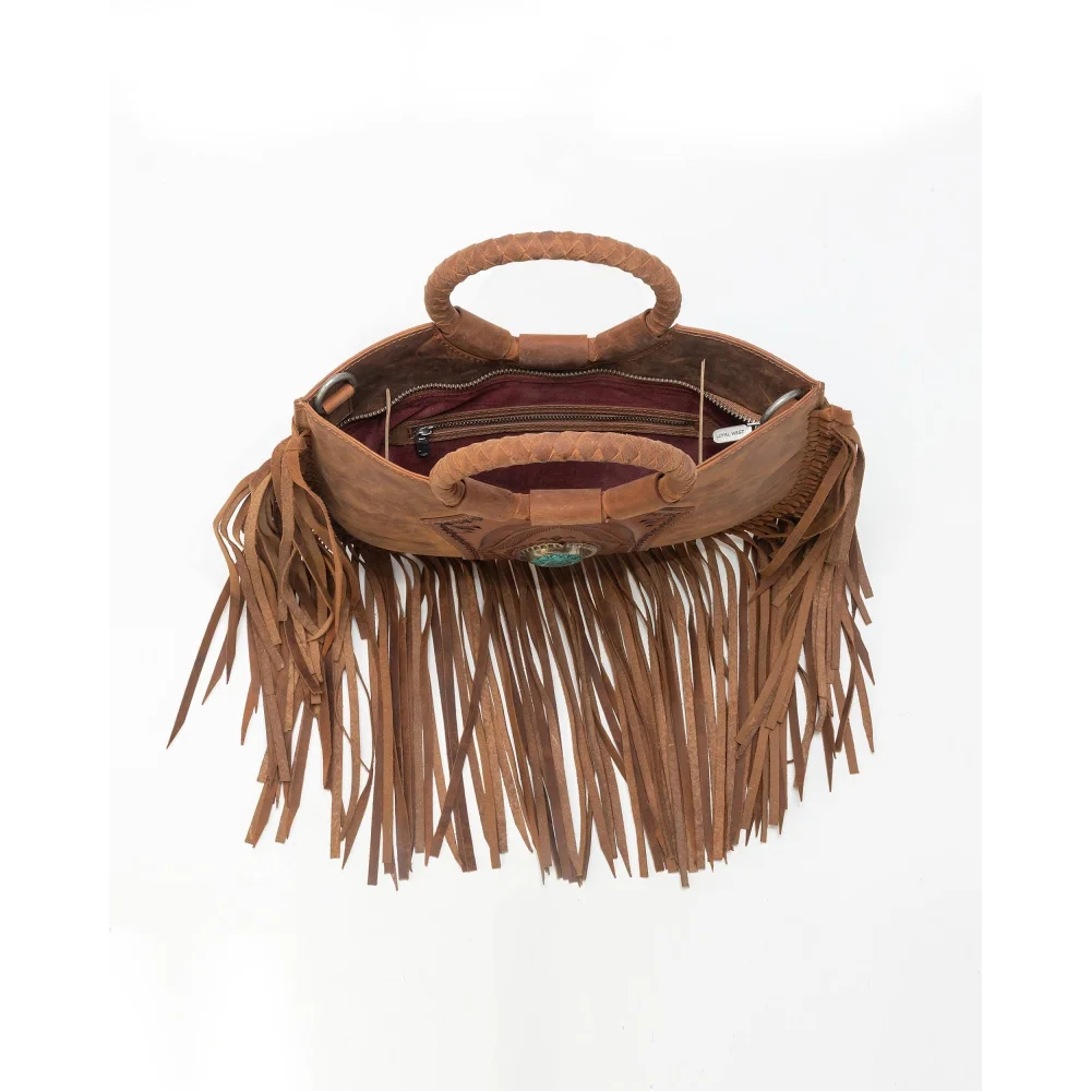 Sedona tassle bag in saddle brown with fringe and turquoise stone
