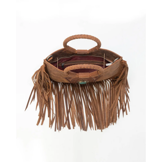 Sedona tassle bag in saddle brown with fringe and turquoise stone