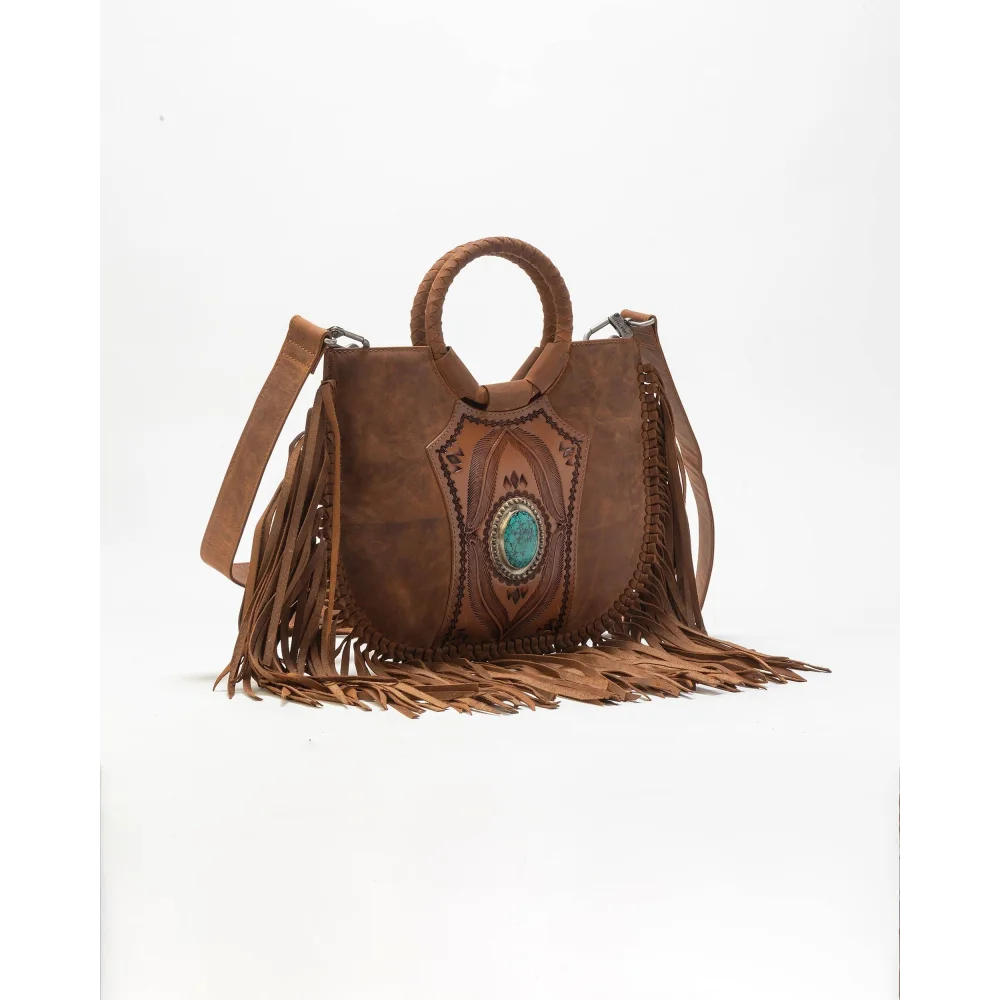 Sedona tassle bag in saddle brown with fringe and turquoise stone