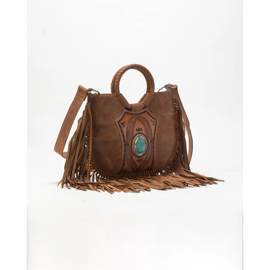 Sedona tassle bag in saddle brown with fringe and turquoise stone