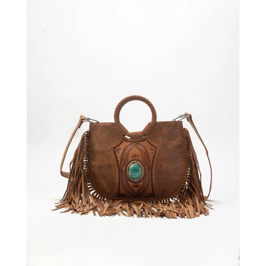 Sedona tassle bag in saddle brown with fringed edges and turquoise stone