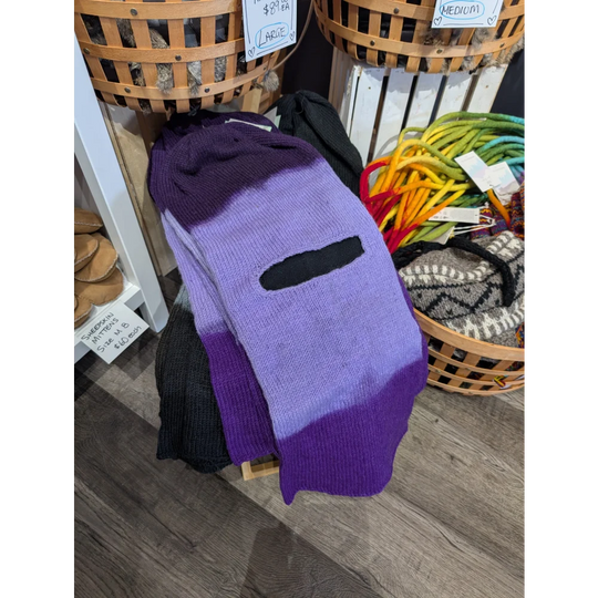 Purple and lavender ombre knitted balaclava with black eye opening, part of Moonstone Dip Dye set