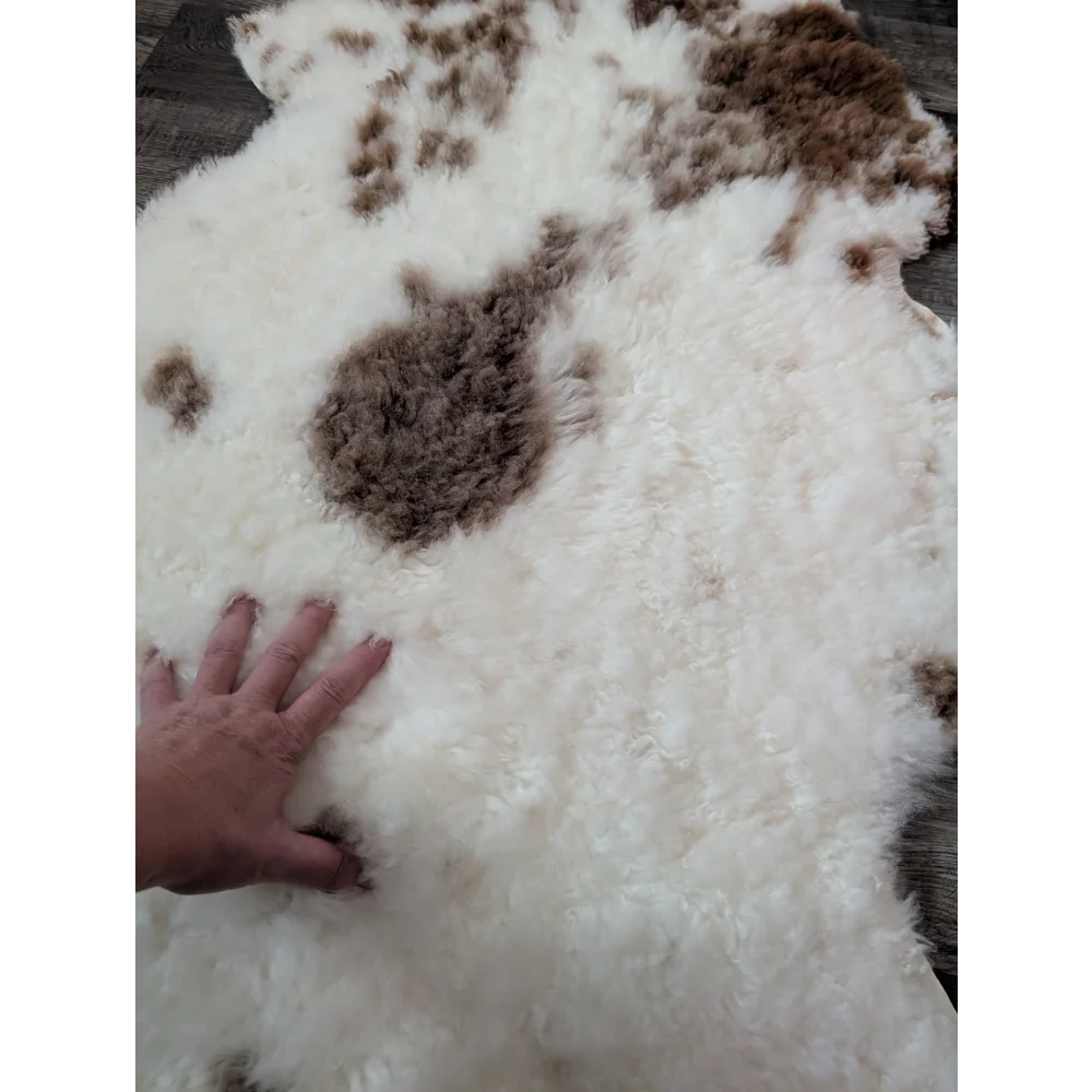 A plush tibet highland spotted sheepskin rug in white with brown patches perfect for cozy decor