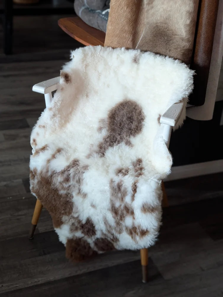A plush white and brown tibet highland spotted sheepskin throw draped over a wooden chair with soft fluffy texture