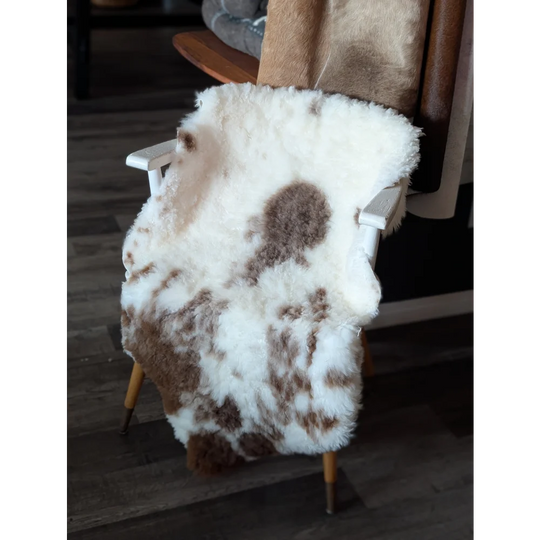 A plush white and brown tibet highland spotted sheepskin throw draped over a wooden chair with soft fluffy texture