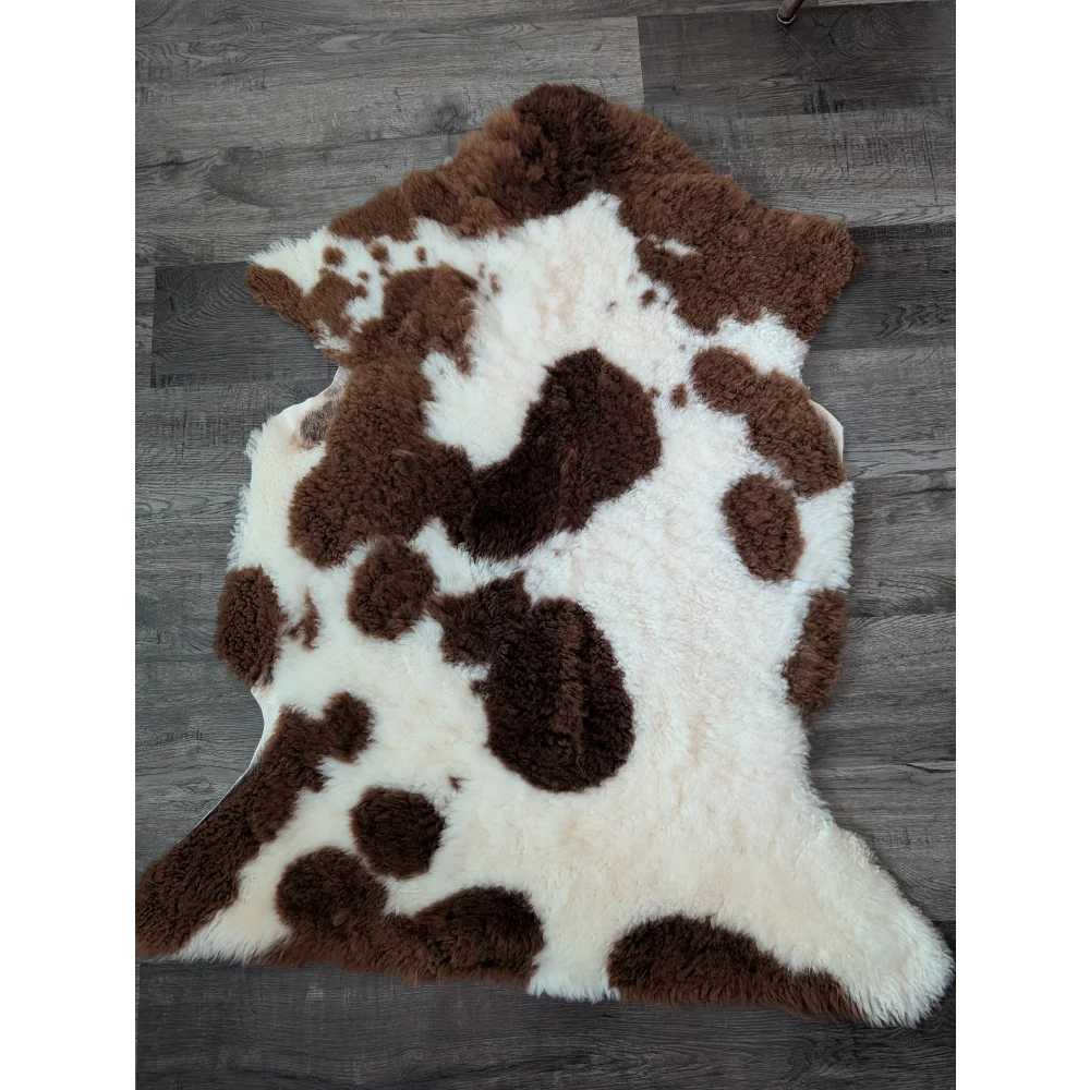 Brown and white highland spotted sheepskin rug 40 by 25 inches made from gorgeous tibet highland spotted fleece