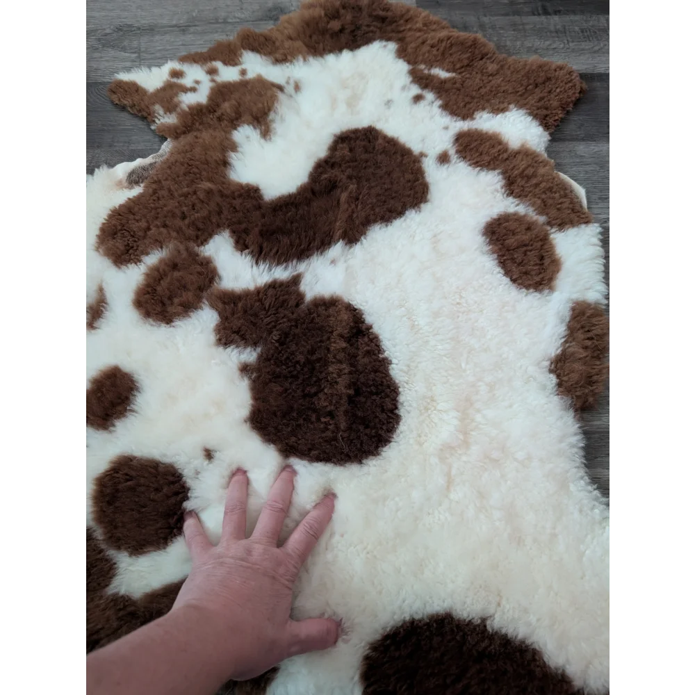 A plush brown and white highland spotted sheepskin rug with soft fluffy tibet highland spotted fur texture