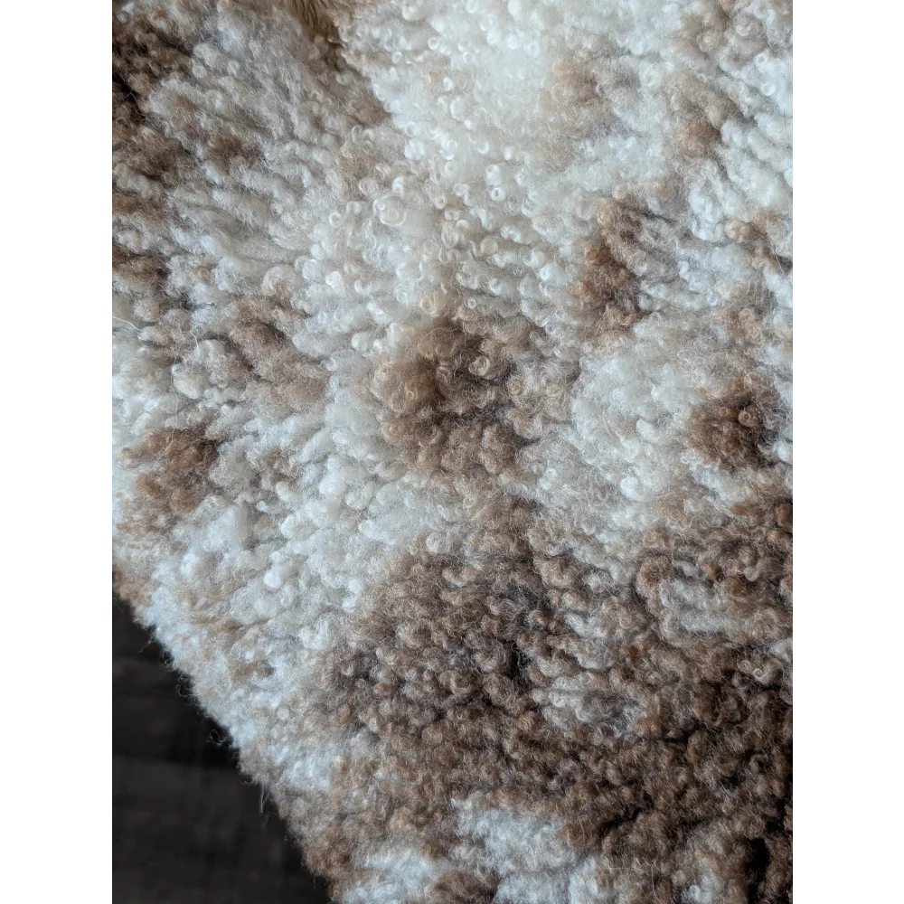A cozy cream and brown tibet highland spotted sheepskin with plush curly fibers in 40 x 26 inch size