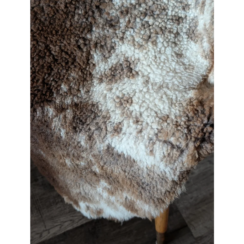A plush tibet highland spotted sheepskin rug in brown and cream with soft curly texture measuring 40 by 26 inches