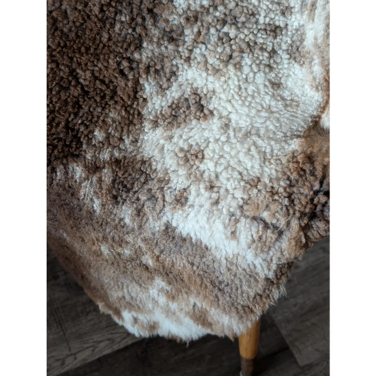 A plush tibet highland spotted sheepskin rug in brown and cream with soft curly texture measuring 40 by 26 inches