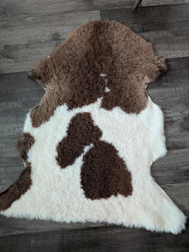Brown and white fluffy tibet highland spotted sheepskin rug with natural texture for cozy home decor