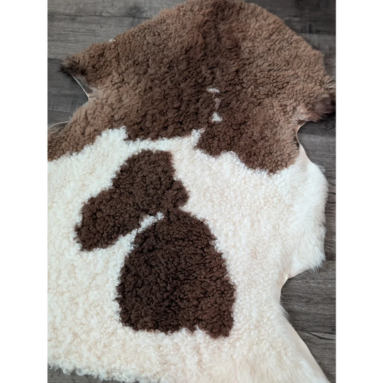 A plush cream and brown tibet highland spotted sheepskin rug with soft curly texture measuring 41 by 26.5 inches