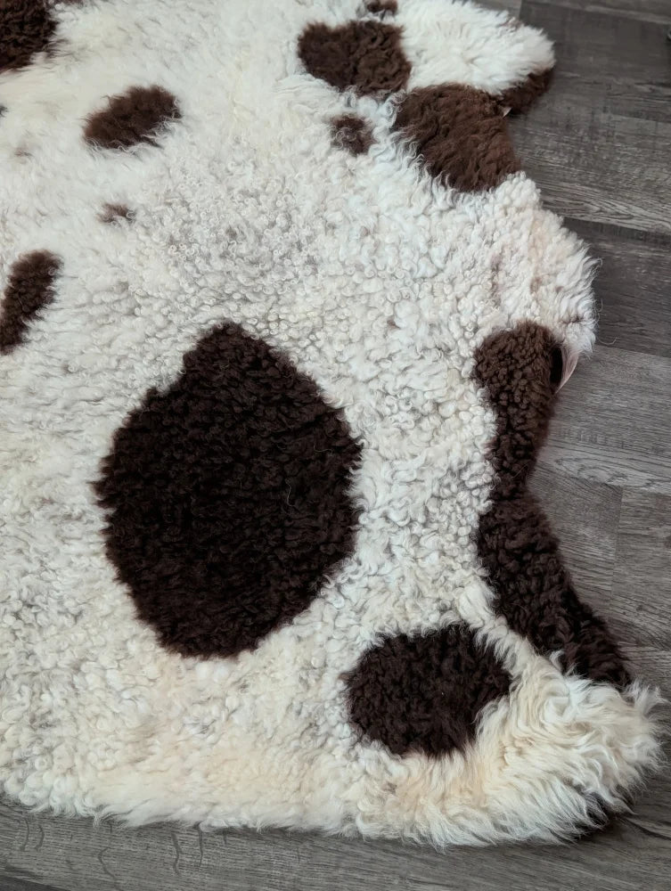 A cream highland spotted sheepskin rug with irregular dark brown spots from tibet highland spotted grade a collection