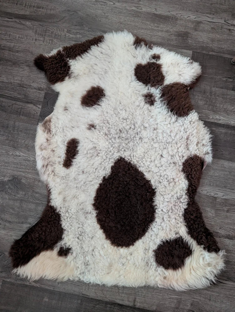 A plush white and brown highland spotted tibet highland spotted sheepskin rug with soft fluffy texture and grade a quality