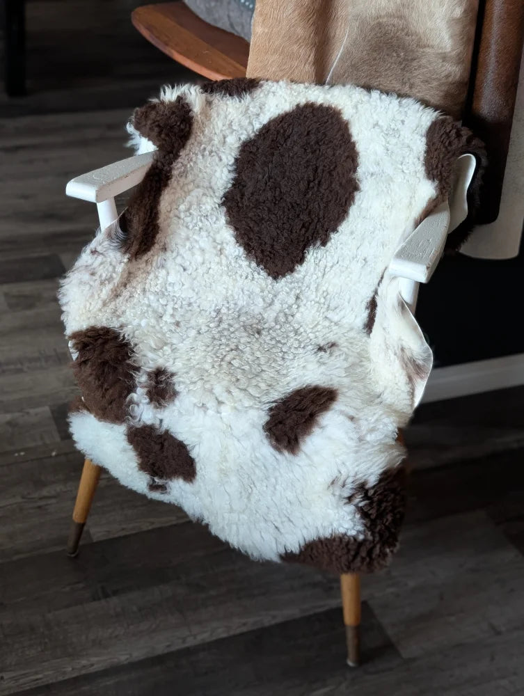 A plush white and brown highland spotted sheepskin throw draped over a white wooden chair