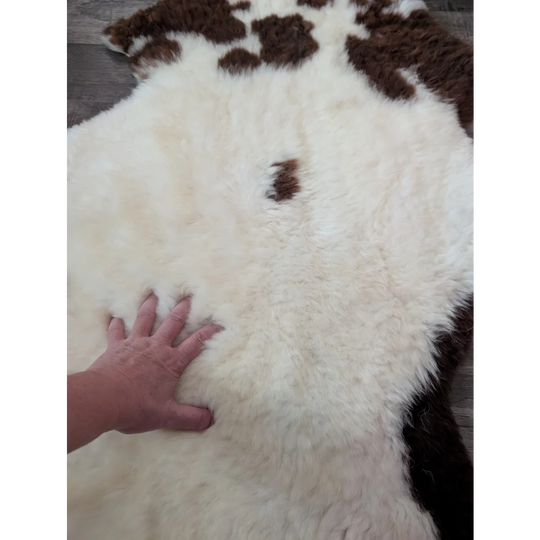 A plush cream and brown tibet highland spotted sheepskin rug with soft fluffy texture measuring 43 by 27 inches