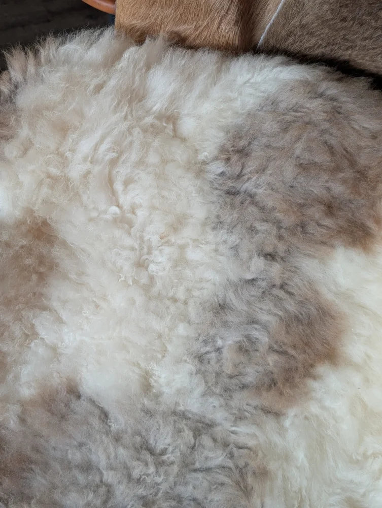 A plush tibet highland spotted sheepskin rug with soft white and light brown mottled texture grade a 40.5 x 26 inches