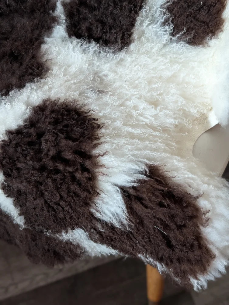 A plush tibet highland spotted sheepskin rug in rich brown and creamy white perfect for cozy decor