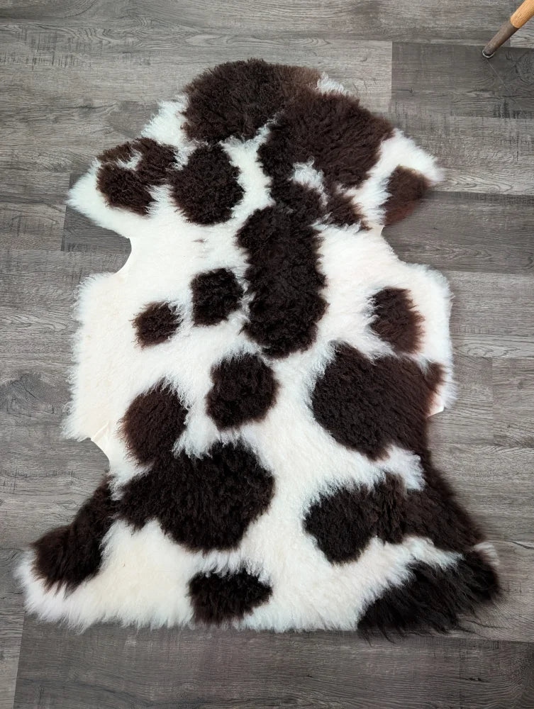 A plush natural tibet highland spotted sheepskin rug in black and white perfect for cozy home decor