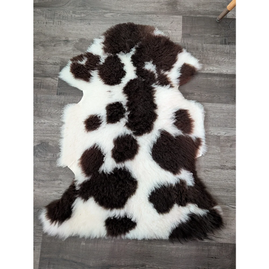A plush natural tibet highland spotted sheepskin rug in black and white perfect for cozy home decor