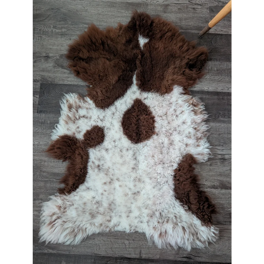 A plush fluffy brown and white highland spotted sheepskin rug with a natural irregular pattern from tibet highland spotted