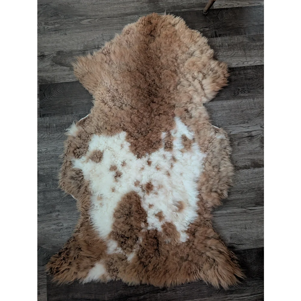 A soft brown and white tibet highland spotted sheepskin rug in plush grade a natural wool design