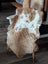 A cozy tibet highland spotted sheepskin rug with creamy white and brown patches draped over a vintage wooden chair seat