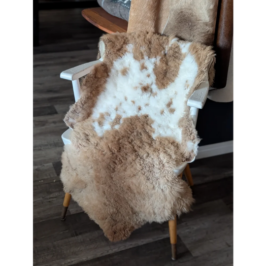 A cozy tibet highland spotted sheepskin rug with creamy white and brown patches draped over a vintage wooden chair seat