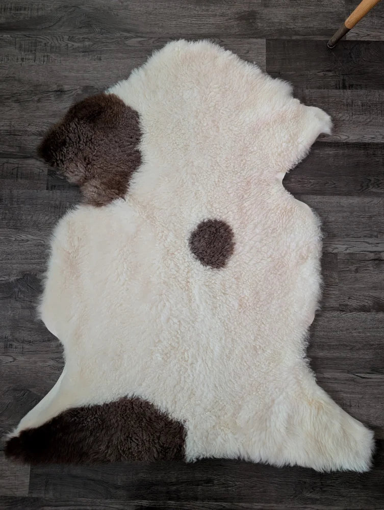 A plush tibet highland spotted sheepskin rug with creamy white base and rich brown patches in grade a quality