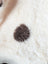A fluffy dark brown circular patch on a white textured tibet highland spotted sheepskin grade a rug