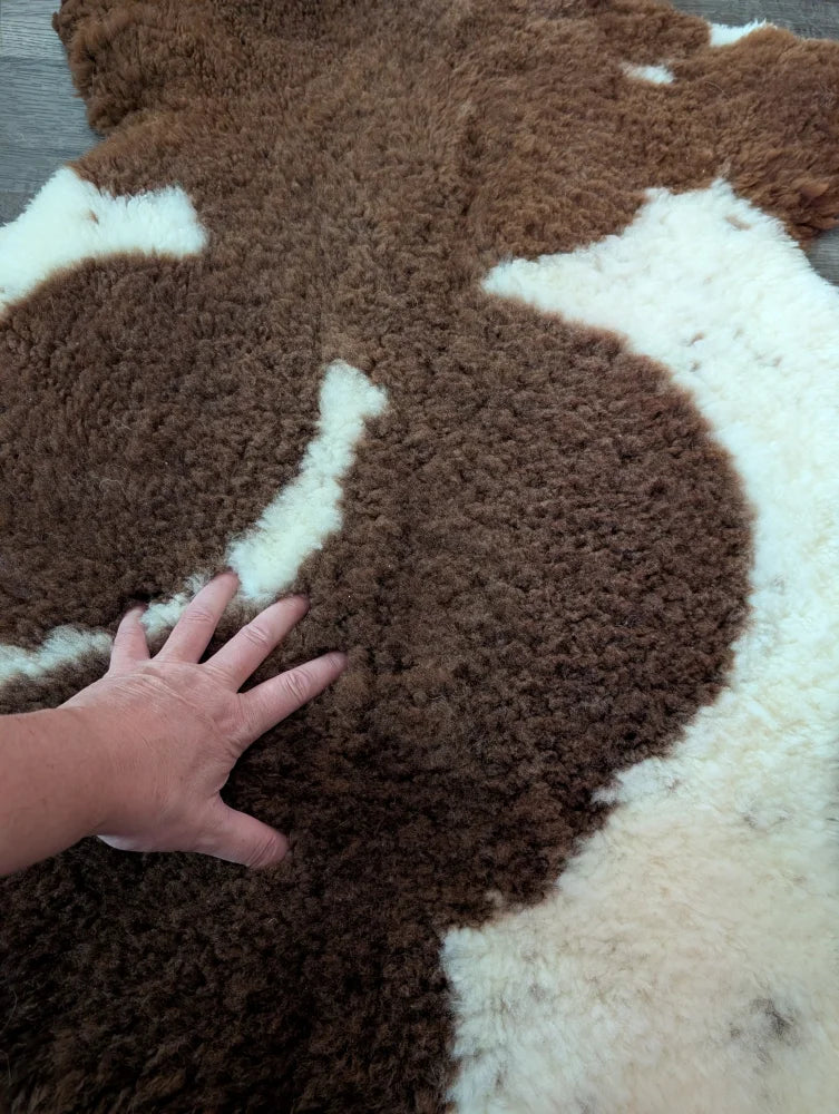 Brown and white tibet highland spotted sheepskin rug with a soft fluffy texture perfect for cozy decor