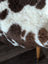 Cozy brown and white tibet highland spotted sheepskin faux fur blanket draped over wooden chair leg