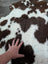 A plush brown and white tibet highland spotted sheepskin rug with a soft textured surface measuring 41 x 24 inches