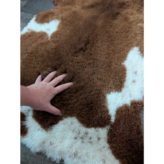 Brown and white plush fluffy tibet highland spotted sheepskin rug 43 x 26 inches perfect for cozy decor