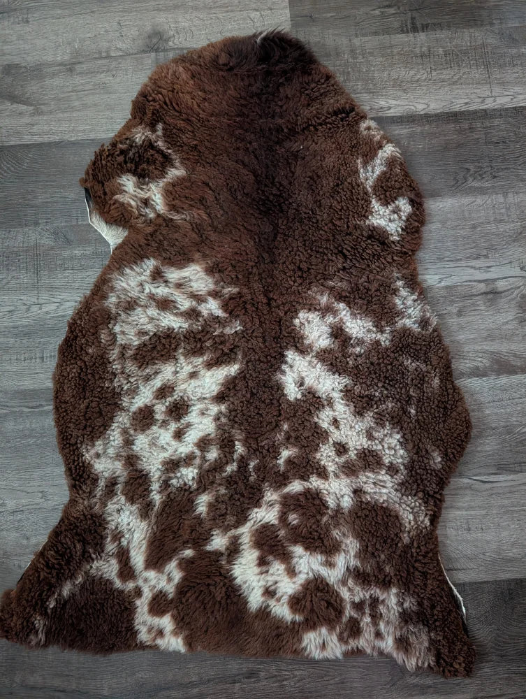 Brown and white speckled tibet highland spotted sheepskin rug with plush natural fur texture 41 x 25 inches