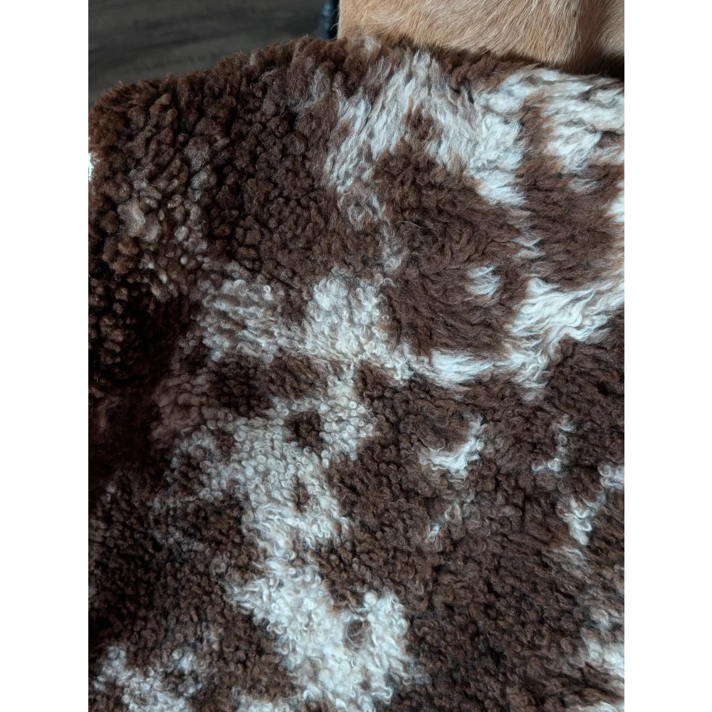 Brown and white curly fur blanket made from grade a tibet highland spotted sheepskin 41 x 25 inches