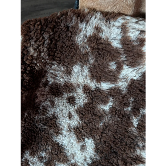 Brown and white curly fur blanket made from grade a tibet highland spotted sheepskin 41 x 25 inches