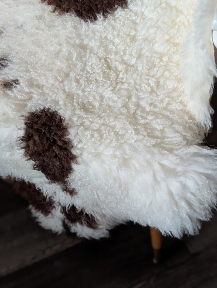 White and brown cow print faux fur throw blanket made of tibet highland spotted sheepskin grade a, 44 by 26 inches