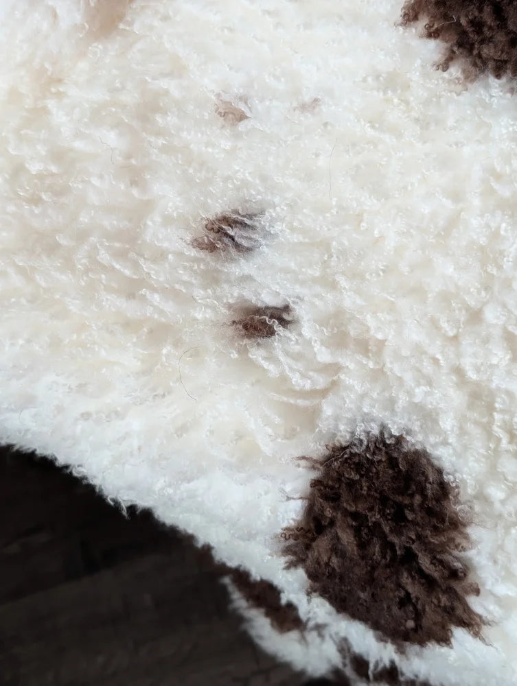 White and brown fluffy tibet highland spotted sheepskin with plush textured surface for cozy decor or rugs