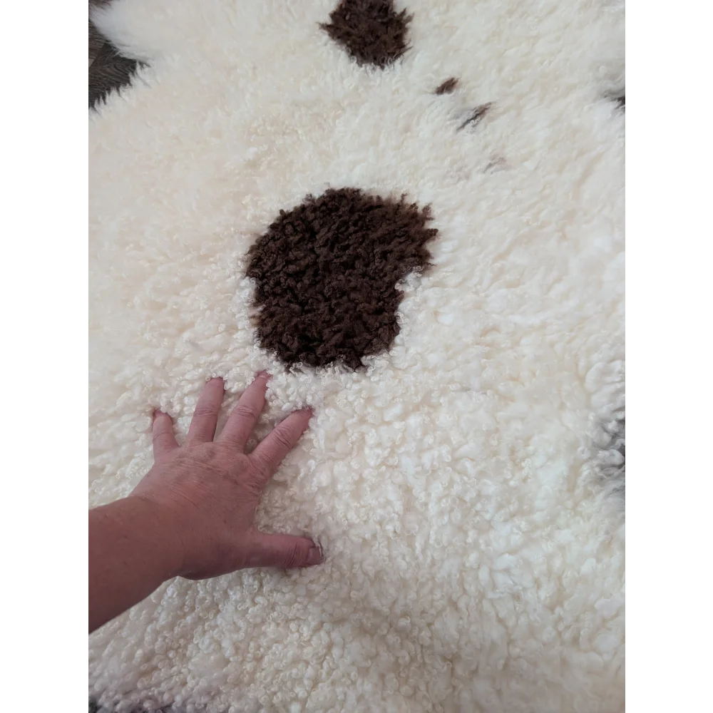 A plush white and brown highland spotted sheepskin rug with soft fluffy texture perfect for cozy decor