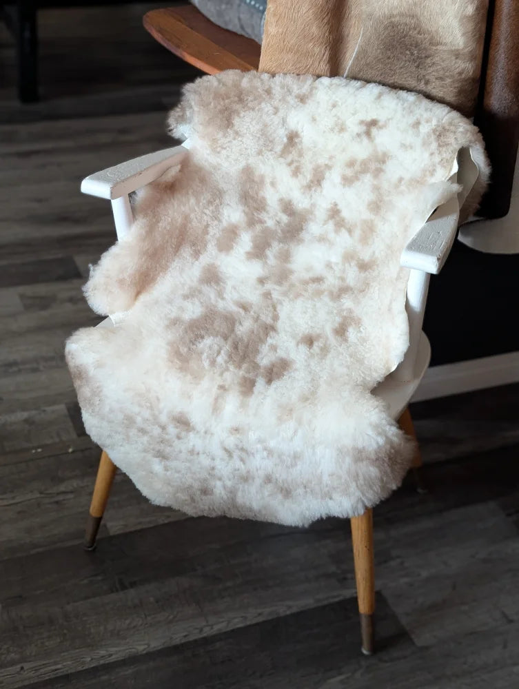 A plush cream-colored tibet highland spotted sheepskin rug draped over a white wooden chair with light wood legs