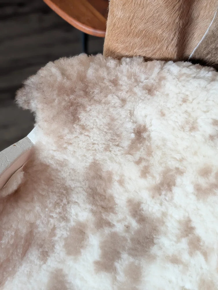 A plush cream-colored tibet highland spotted sheepskin rug with soft fluffy texture and natural tan patches