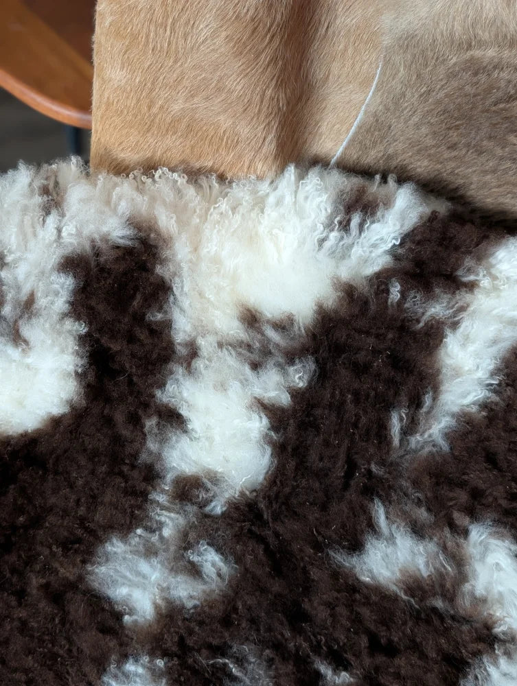 A plush curly brown and white tibet highland spotted sheepskin rug with soft natural texture grade a quality