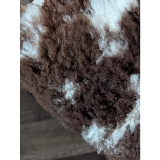 Soft fluffy fluffy brown and white tibet highland spotted sheepskin with curly texture 42 by 27 inches