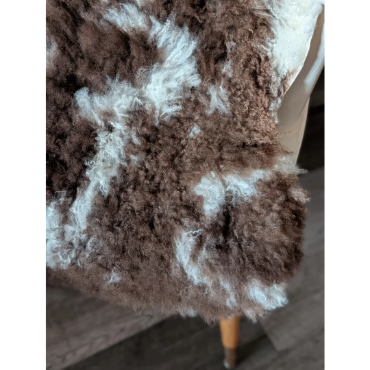 A plush curly brown and white tibet highland spotted sheepskin coat with a natural irregular pattern